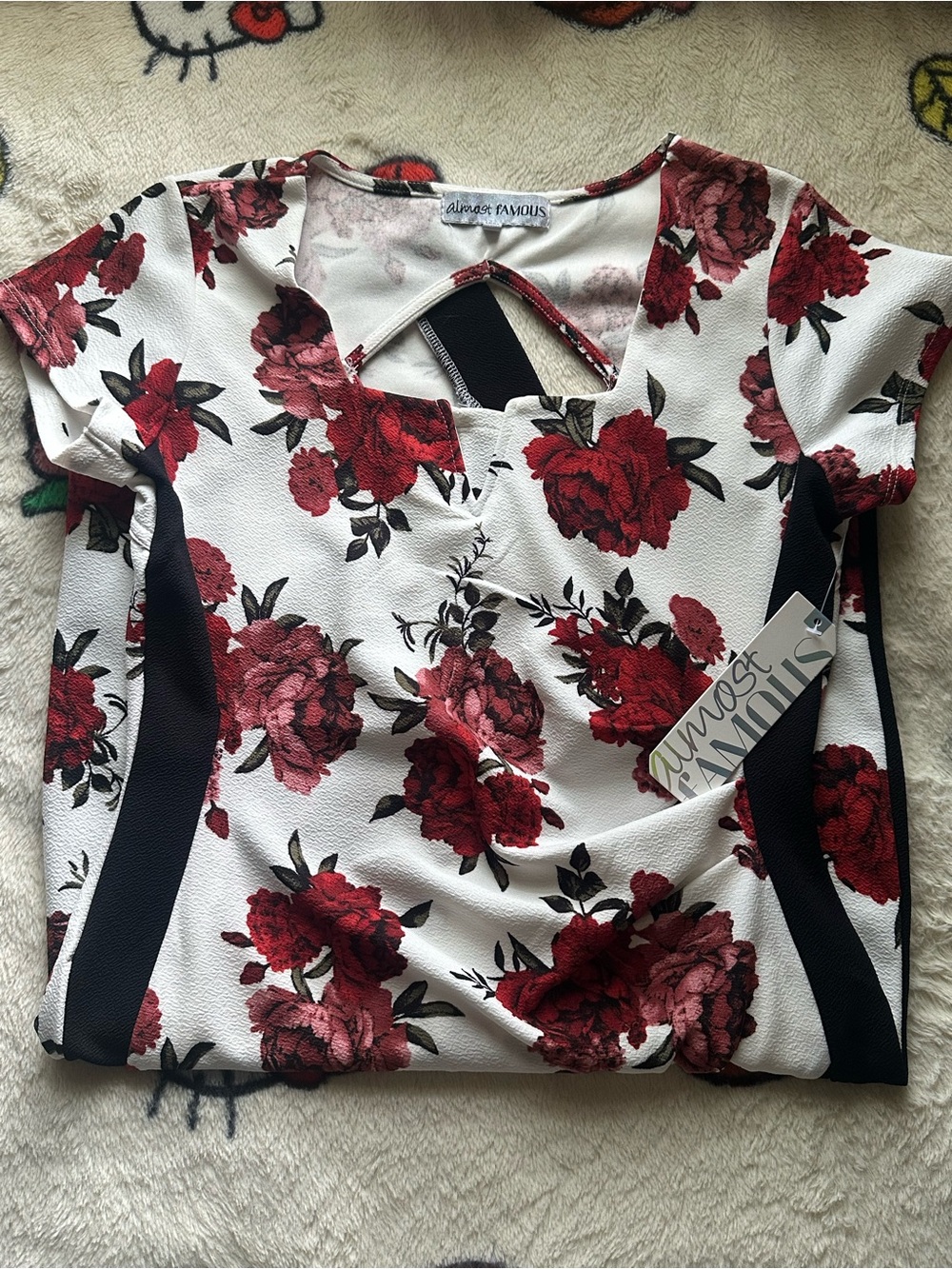 Almost Famous White Floral Short Sleeve Dress with Red Rose Print
